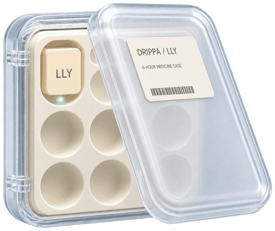 A transparent 6-hour medicine case labelled DRIPPA / LLY, lid off, a dose of LLY sitting in one well above a green indicator